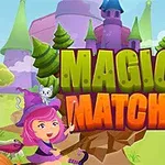 Devojčica čarobnica, mačka, zeleni pejzaž i zamak na ilustraciji za igru Magic Match