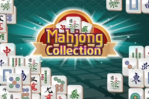 Logo „Mahjong Collection okružen mahjong pločicama na zelenoj pozadini sa zracima svetlosti