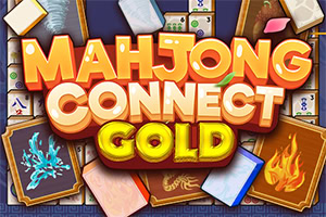 Šareni logo „Mahjong Connect Gold preko mahjong pločica sa motivima vatre, vode i zlatnog zmaja