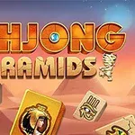 Logo igre Mahjong Pyramids sa piramidama i pločicama mahjong-a na pozadini zalaska sunca