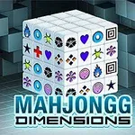 Kocka Mahjongg Dimensions sa raznim simbolima na kockicama, u pozadini 3D šahovnica