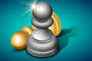 Srebrni pješak sa sjajem na vrhu ispred zlatnih figura na plavoj pozadini