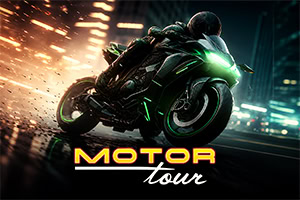 Motociklista u crnom odelu vozi sportski motor kroz noćni grad uz varnice i natpis „MOTOR tour