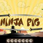 Naslovna strana video igre Ninja Pig sa ljubičastim prasetom, zelenim čudovištem i japanskim pejzažom u pozadini