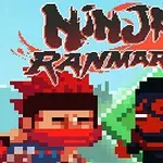 Pikselizovani crveni i crni ninja sa naslovom Ninja Ranmaru u retro video igri stilu