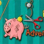 Crtež roze kasicice i reči Piggy Bank Adventure na zelenoj pozadini sa užetom i makazama