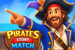 Nasmejani gusar u plavom kaputu pokazuje prstom pored šarenog natpisa „Pirates Story Match