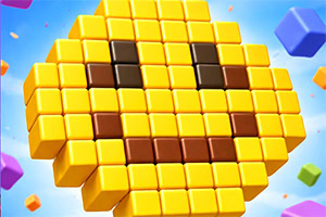 Šareni 3D pikselizovani žuti emoji s nasmejanim licem od smeđih kockica na plavoj pozadini