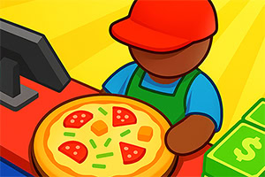 Osoba sa crvenim kačketom i plavom majicom drži picu ispred kase, sa svežnjevima novca sa strane