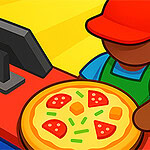 Osoba sa crvenim kačketom i plavom majicom drži picu ispred kase, sa svežnjevima novca sa strane