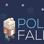 Pikselizovani polarni medved sa natpisom Polar Fall na plavoj pozadini sa pahuljama