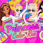 Ilustracija tri princeze koje učestvuju u trci boja sa naslovom Princess 3 Color Run