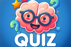 Šareni crtani mozak sa naočarima, upitnicima, zvezdicama i velikim natpisom QUIZ na plavoj pozadini