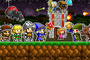 Pikselizovani likovi u raznobojnoj odeći i oklopu stoje ispred zamka, sa likovima koji se bore protiv velikog pauka i čudovišta sa vatrenim kuglama na noćnom nebu