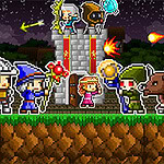 Pikselizovani likovi u raznobojnoj odeći i oklopu stoje ispred zamka, sa likovima koji se bore protiv velikog pauka i čudovišta sa vatrenim kuglama na noćnom nebu