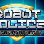 Logotip video igre Robot Police: Iron Panther sa metalik plavim tekstom i futurističkom pozadinom