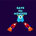 Plavi crtani čudovište sa raketama i tekstom Save the monster na tamnoplavoj pozadini