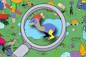 Ilustracija uvećanog patka kroz lupu na šarenom pozadini sa raznim igračkama i objektima