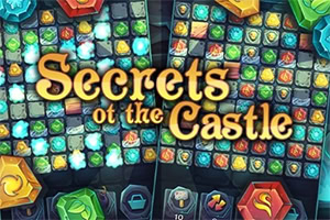 Šareni mozaik dragulja sa velikim zlatnim natpisom „Secrets of the Castle u sredini
