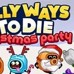 Naslov video igre Silly Ways to Die: Christmas Party sa simpatičnim crtanim likovima u božićnom ambijentu