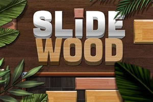 Natpis „SLIDE WOOD od drvenih i belih slova na tamnoj drvenoj pozadini sa zelenim tropskim lišćem