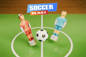 Dve figurice fudbalera na zelenom terenu sa loptom u centru i natpisom „Soccer Blast iznad