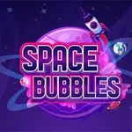 Svemirski logo sa naslovom Space Bubbles na pozadini sa planetom, zvezdama i robotom