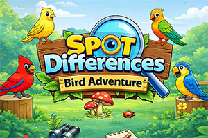 Šarena ilustracija sa natpisom „Spot Differences Bird Adventure, povećalom, četiri ptice i šumskom livadom sa pečurkama