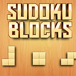 Naslov Sudoku Blocks na drvenoj pozadini sa tri različita oblika blokova ispod