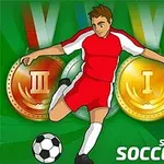 Crtež fudbalera u crvenom dresu koji igra fudbal sa medaljama i natpisom Soccer Hero