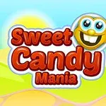 Logo igre Sweet Candy Mania sa nasmejanim emotikonom na svetlucavoj, živopisnoj pozadini