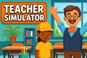 Šareni crtani prikaz učionice sa nasmejanim učiteljem koji maše, učenicom i natpisom „Teacher Simulator