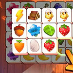 Tile Matcher: Triple Fun Igra slagalice sa simbolima hrane, životinja i predmeta na drvenoj pozadini sa klikom rukom