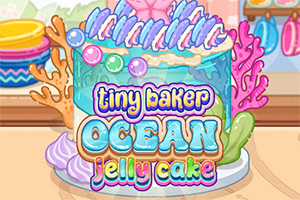 Šarena okeanska žele torta sa morskim ukrasima, školjkama, koralima i natpisom „tiny baker ocean jelly cake
