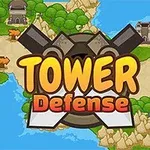 Logo igre Tower Defense sa mapom i dvorcima u pozadini