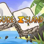 Logo video igre Treasure Island sa stilizovanim kamenim mostom i tropskom pozadinom