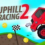 Crveni džip sa plamenovima u igrici Uphill Racing 2 vozi po uzbrdici sa novčićima i ciljnom zastavom