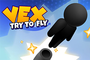 Crni lik u letu iznad topa, sa šarenim natpisom „VEX TRY TO FLY na plavoj pozadini
