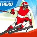 Ilustracija skijaša u crvenom odijelu koji se takmiči u slalomu, sa tekstom Winter Sports Slalom Hero