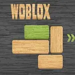 Logo Woblox sa teksturiranim drvenim blokovima na tamnoj drvenoj pozadini