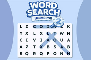 Logo „Word Search Universe 2 iznad mreže sa slovima i plavim strelicama na svetloplavoj pozadini