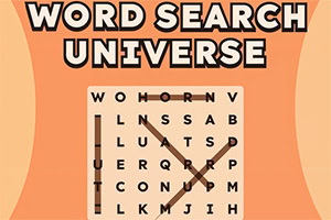 Narandžasta ilustracija sa naslovom „WORD SEARCH UNIVERSE i mrežom slova za pretragu reči, preko koje su označene dijagonalne i vertikalne reči