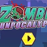 Logo video igre Zombie Gunpocalypse sa stilizovanim zombijem i urbanim pozadinskim pejzažem