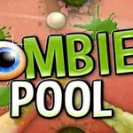 Logo igre Zombie Pool sa očnim jabučicama i šarenim mrljama na bilijarskom stolu